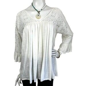 Sundance Linen Blend Lace Top Gathered Relaxed Fit V-Neck Ivory Size Small